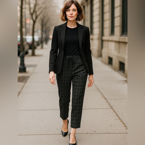 Aritzia Babaton Plaid Cropped Tapered Pants Gray Black Check Elastic Waist MED - Picture 1 of 10